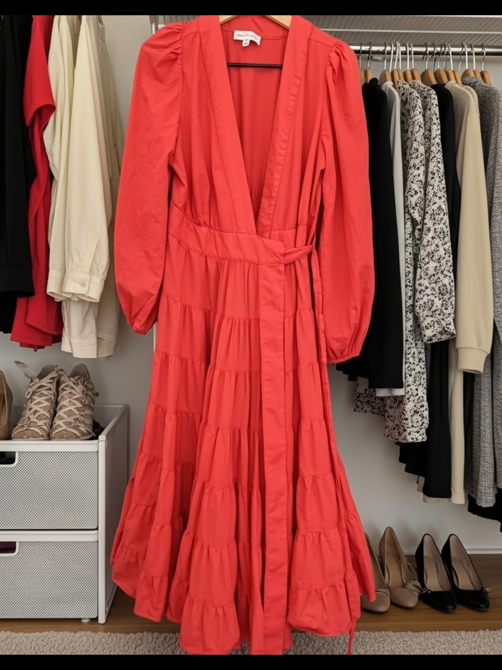 GIBSON LATIMER Wrap Tiered Maxi Dress in Coral Pink Size M Length 48.5